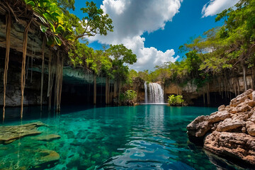 Espectacular cenote, con aguas turquesa en la selva