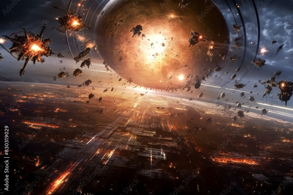 Poster a space battle is taking place with a large planet in the middle. the planet is surrounded by a larg