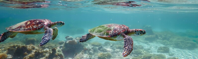 Obraz premium Two turtles swimming in the ocean together, travel concept 