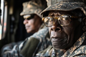 Fototapeta premium Soldiers in uniform sitting in a bus looking out the window