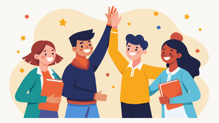 A team of students highfiving each other grateful for each others knowledge and teamwork in this challenging competition.. Vector illustration