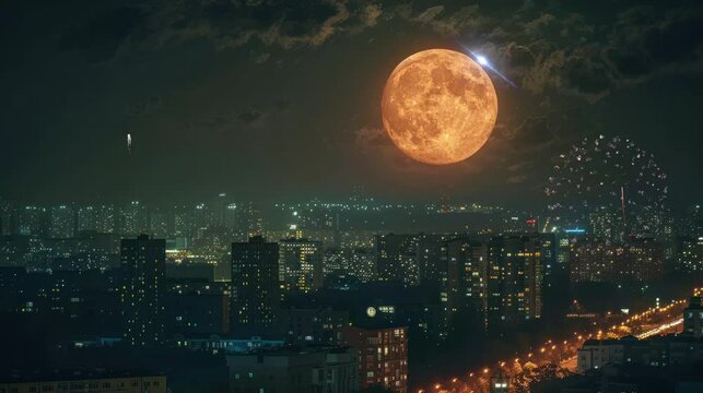 The atmosphere in the city is beautiful on a full moon night with a fireworks display. seamless looping time-lapse virtual 4k video Animation Background.