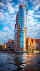 Sleek glass tower amidst the captivating charm of historic old town architecture
