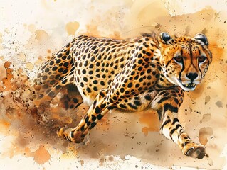 Capture the dynamic movement of a cheetah mid-sprint at a tilted angle under the golden sunset, blending its agility with the essence of Olympic victory in a watercolor style