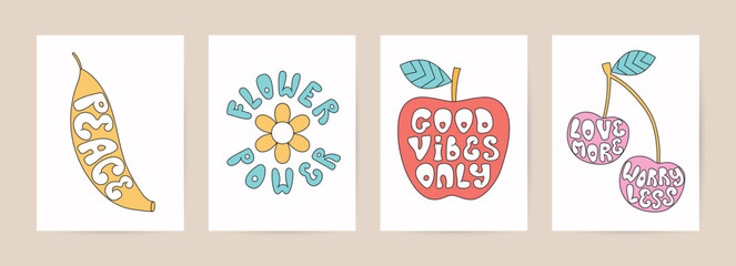Hippie style 60s 70s posters, cards. Groovy line fruits, lettering in trendy cute retro style