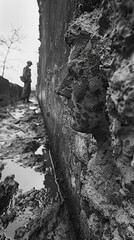 Embrace the drama of WWII through a Dutch angle shot, echoing the haiku form, using black and white analog photography techniques