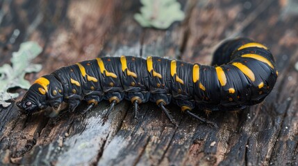 A black caterpillar with yellow stripes crawling on a weathered wooden surface is displayed in the uploaded image clearly showcasing its segmented body and the prominent color contrast