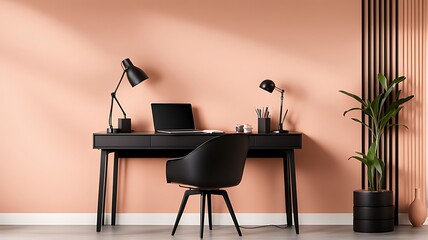 Workplace in Peach Fuzz 2024 Color Trend, Painted Walls, Rich Furniture, and Pastel Background in a Large Home Office or Coworking Center - 3D Render