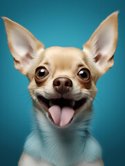 Obraz premium A delighted Chihuahua dog with oversized ears joyfully sticking out its tongue