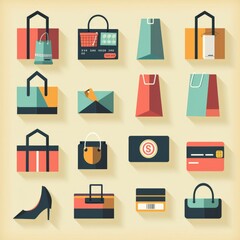 Collection of shopping symbols: shopping bag, credit card, barcode, sale tag