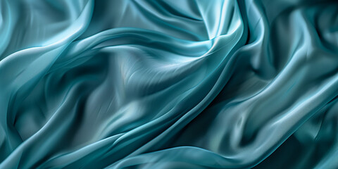 Fototapeta premium turquoise fabric folds texture. Silk satin fabric backdrop with copy space.