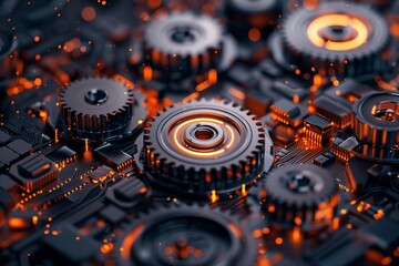 Glowing Circuit Board with Interlocked Metallic Gears