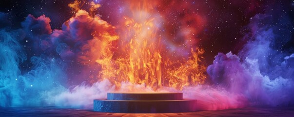 Fiery spectacle blending vibrant colors of smoke and flames with starry backdrop