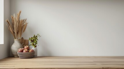 Minimal kitchen counter mock up design for product presentation background or branding with wood counter white wall include vase with rice plant chopping block bread and fruit basket.