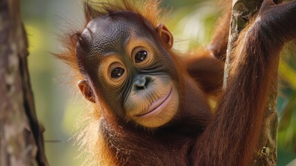 Young female orangutan scales a trunk
