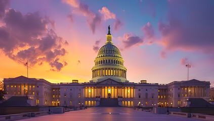 street city leads to capitol building seen at sunset, iconic architecture, dramatic cloudy sky,...