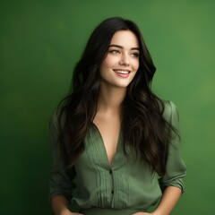young happy female model standing in front of a green background, long hair , presenting her clothes