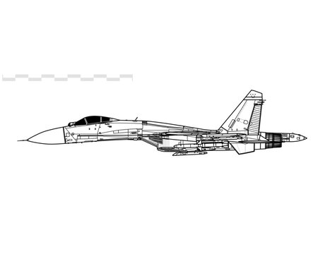 Sukhoi Su-27S1M Flanker with AGM-88 HARM anti-radiation missile. Side view. Image for illustration and infographics.