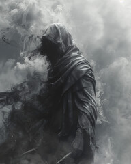  hooded figure shrouded in smoke, dark and mysterious, fantasy demon assassin