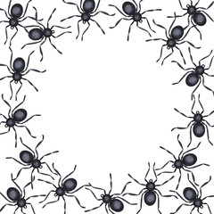 Black spiders round frame. Creepy scary arthropod, tarantula weaves cobwebs, arachnophobia clipart. Happy Halloween. Spooky picture. Hand drawn watercolor illustration isolated background.