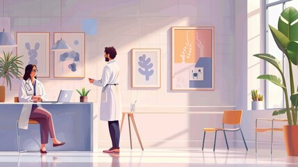 Artistic depiction of a doctor consulting with a patient in a bright, friendly clinic