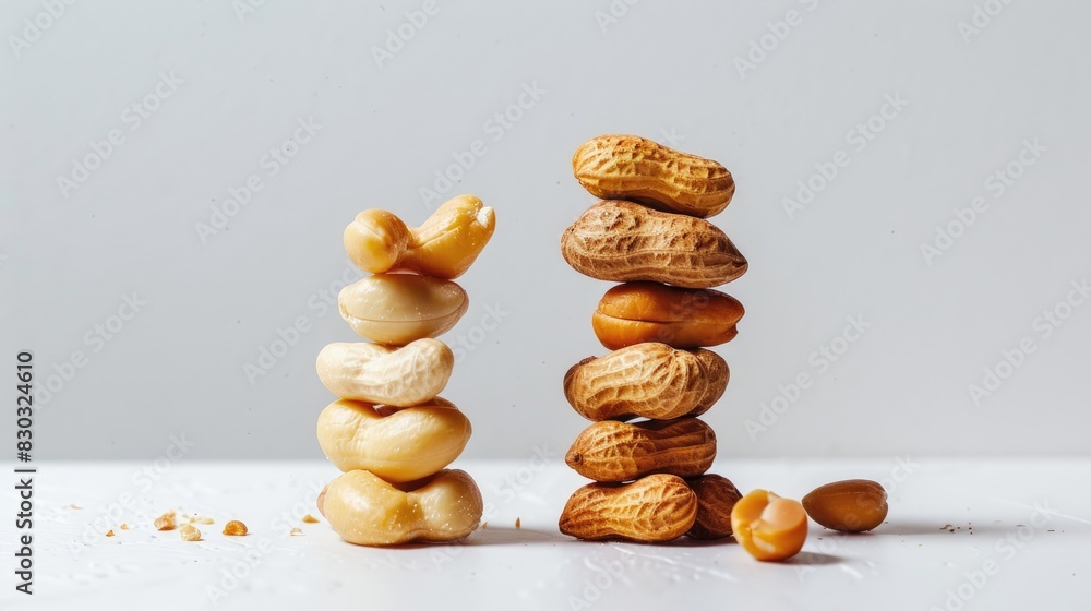 Wall mural Salted and pickled peanuts stacked separately on a white background - Wall murals