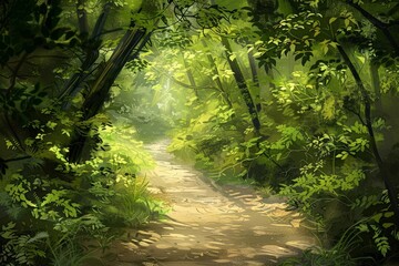 enchanted forest path bathed in dappled sunlight lush green foliage whimsical digital painting