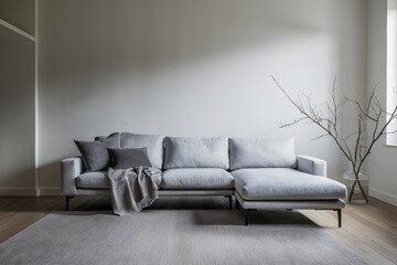 Minimalist living room with grey sofa, white wall, and glass vase with branches