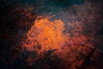 Textured surface with rustic hues, scratches, streaks, contrasted by fiery orange center