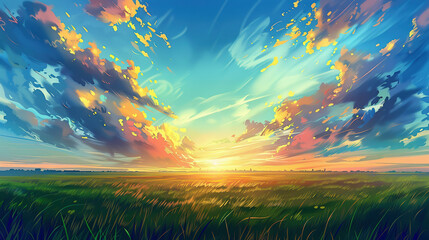 A beautiful sunrise over the grassy plains, colourful clouds in the sky, in the style of anime, digital art