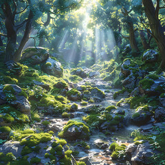 magical forest inhabited mythical creature like unicorn fairy Sunbeams should filter through lush canopy creating dappled effect forest floor Mosscovered rock babbling brook should add enchanting ambi