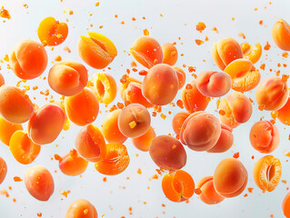 Fresh apricot collection on white background. Set of whole, half apricot and apricot slices with leaf.