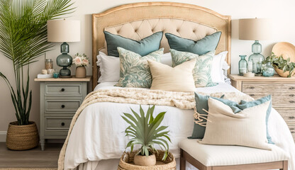 Beautiful bedroom. beachy decor set up on a sandy beach with palm trees