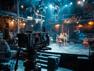 A behindthescenes look at a theater production, with a pantilt camera capturing live performances from above the stage