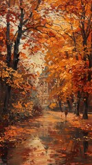 Obraz premium A classical realist painting of a quiet urban park in autumn, the leaves detailed in rich oranges and reds, and a distant figure walking a dog