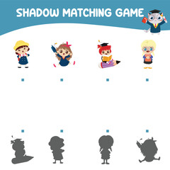 Matching shadow game for children. Find the correct shadow. Worksheet for kid. Printable activity page for kids