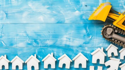 Yellow toy bulldozer with white house models on a blue wooden background