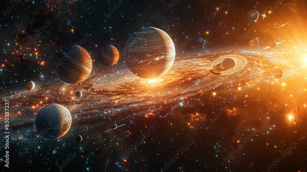 Poster a close up of the planets in the solar system with the sun in the background. the planets are in dif
