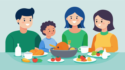 A family sits down for dinner passing around a variety of colorful dishes such as roasted sweet potatoes grilled chicken and a kale salad teaching their children the importance of. Vector illustration