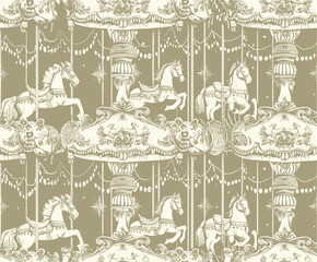 Obraz premium A seamless pattern featuring a vintage carousel with horses. The intricate, detailed design showcases classic merry-go-round horses in a sophisticated, nostalgic style. Perfect for textiles, wallpaper