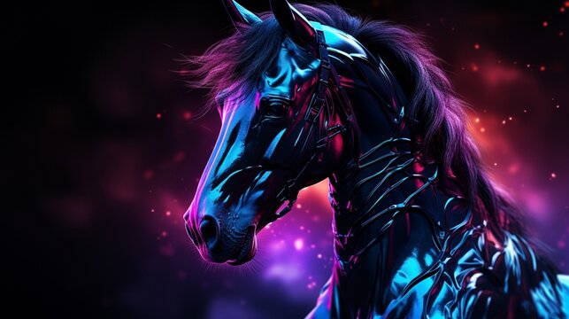 Vibrant Neon Black Stallion Abstract Art Painting Image
