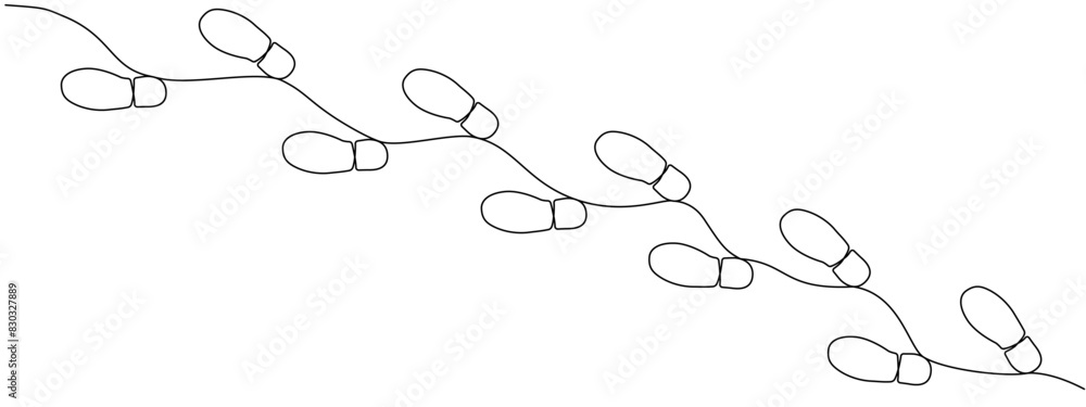 Poster a path of shoe tracks drawn in one continuous editable line. diagonal footprint of women's or men's 