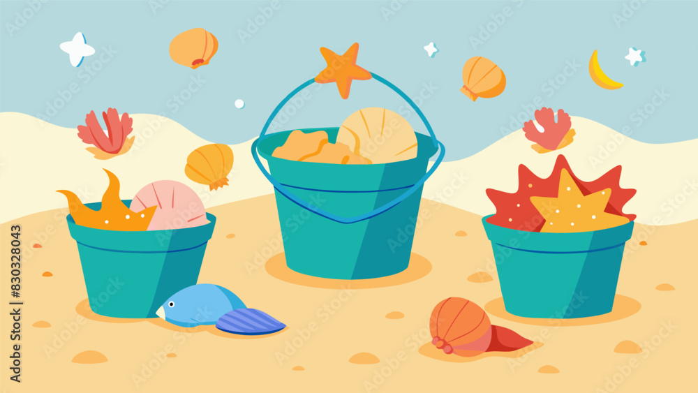Poster buckets full of seashells are tered around the childrens creation each one handpicked and carefully 