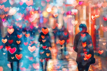 Many hearts are being projected on the street, love background