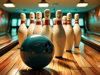 Comic bowling scene with pins and balls that are hilarious.