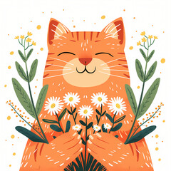 Cute adorable red cat with flowers, summer animal design