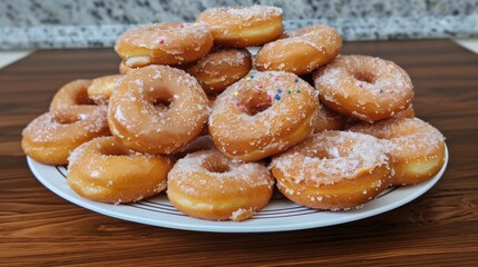 Donuts piled on a plate