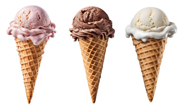 Conjunto de png&rsquo;s de Soverte de baunilha, chocolate e moranga na casquinha. Grupo de Bolas de sorvete branco, marrom e rosa em cone de waffle isolado em um fundo transparente.