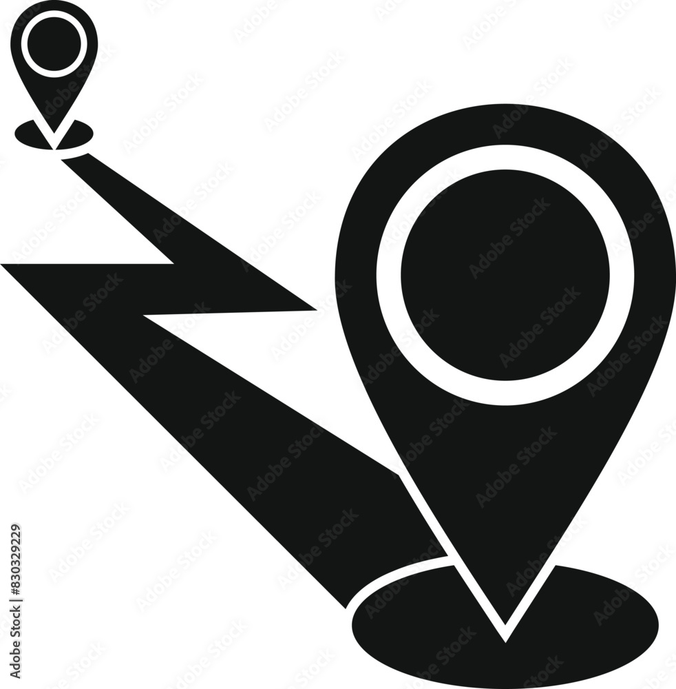 Poster black and white graphic showing two location pins connected by a zigzag line, representing a route o