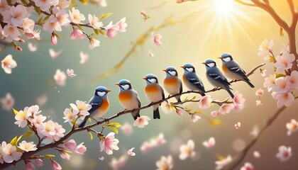 Flock of birds are singing happily on the branches of a tree with spring flower blossoms and sun light , spring season background 4k wallpaper  created with generative ai	